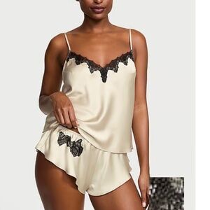 Victorias Secret Luxe Satin Rose Lace Cami & Flutter Shorts SET NWT-Sand- M